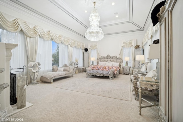 carpeted bedroom featuring crown molding and a tray ceiling