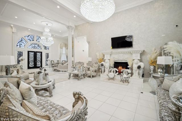 tiled living room with ornate columns, an inviting chandelier, a high end fireplace, and french doors