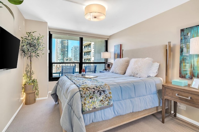 bedroom with a view of city, baseboards, and carpet