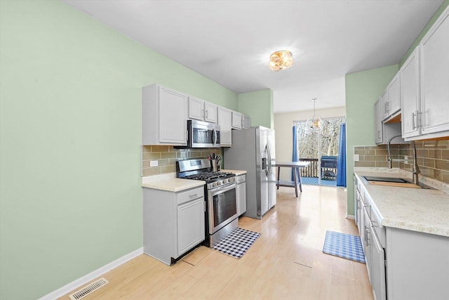 kitchen with pendant lighting, sink, appliances with stainless steel finishes, white cabinets, and light wood-type flooring