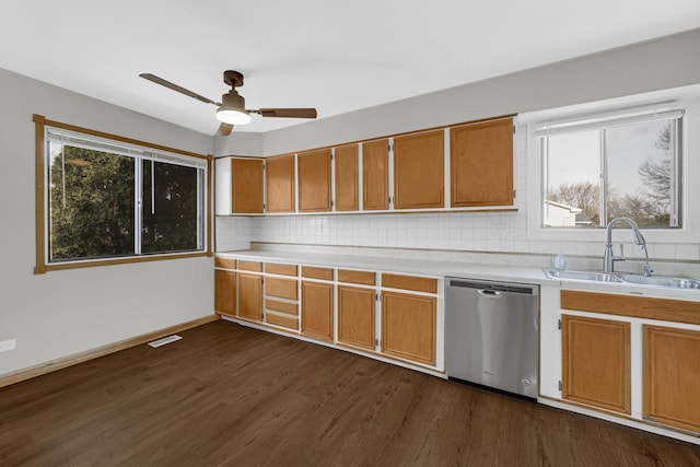 kitchen featuring sink, stainless steel dishwasher, dark hardwood / wood-style floors, ceiling fan, and decorative backsplash