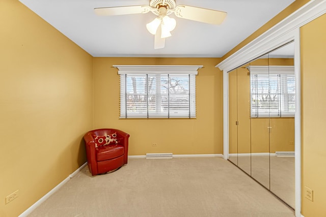 unfurnished room featuring ceiling fan and carpet