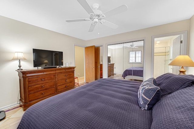 bedroom featuring ceiling fan and connected bathroom