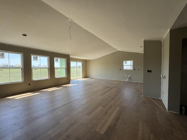 unfurnished living room featuring lofted ceiling, a textured ceiling, and dark wood-type flooring