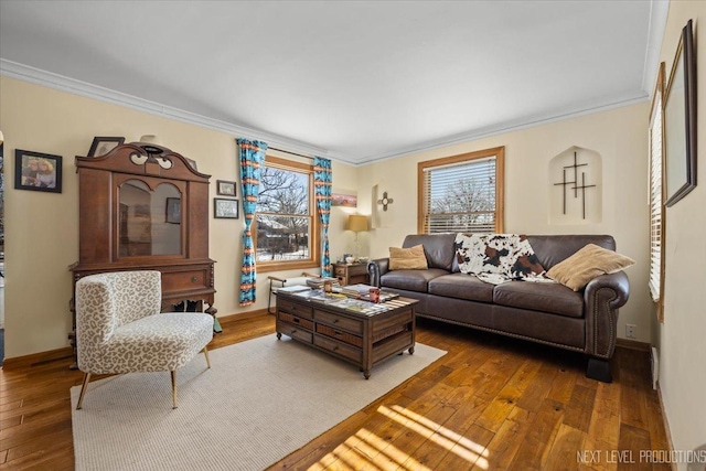 living area featuring wood-type flooring, crown molding, and baseboards