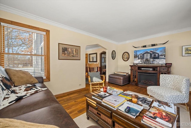 living room featuring a fireplace, arched walkways, wood finished floors, and ornamental molding