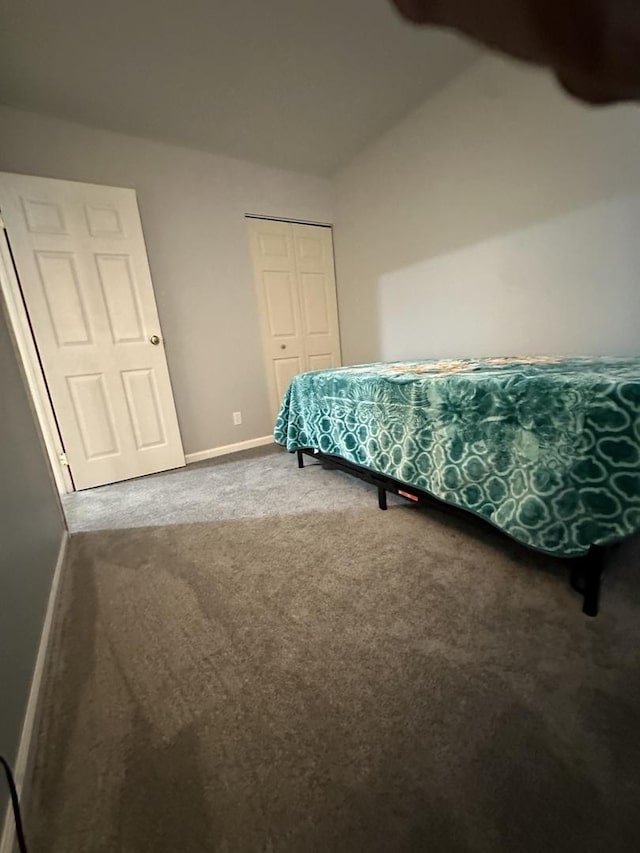 bedroom with vaulted ceiling, carpet, and a closet