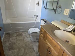 full bathroom featuring vanity, bathtub / shower combination, and toilet