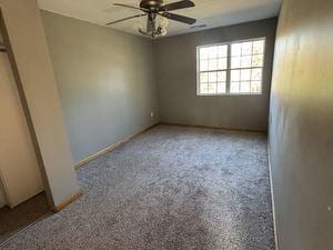 empty room with carpet floors and ceiling fan