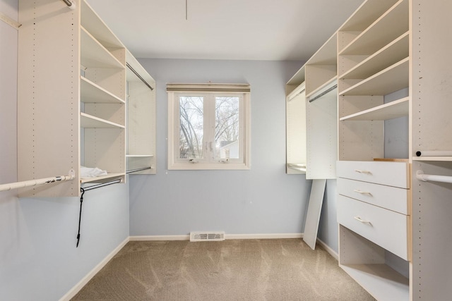 spacious closet featuring visible vents and carpet floors