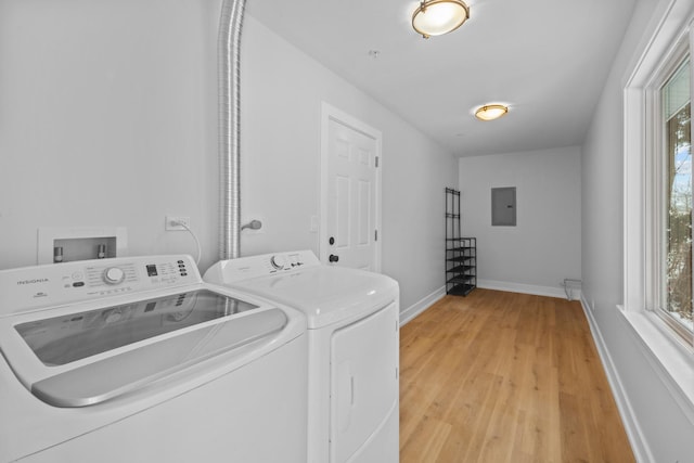 laundry room with light hardwood / wood-style flooring, a wealth of natural light, electric panel, and washing machine and clothes dryer