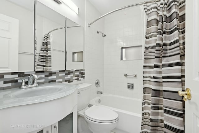 full bathroom with vanity, toilet, shower / tub combo, and decorative backsplash