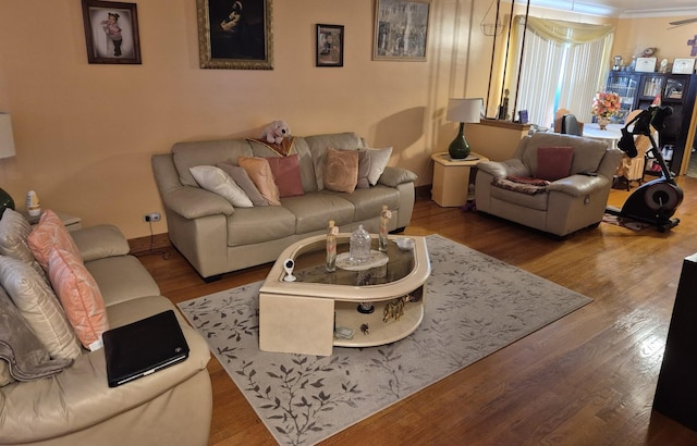 living room featuring wood-type flooring and crown molding