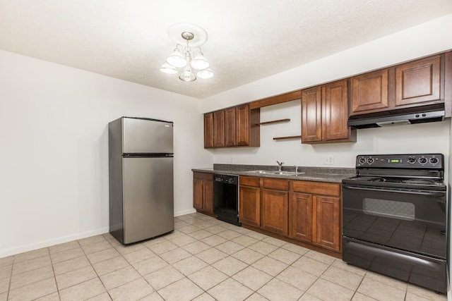 kitchen with dark countertops, under cabinet range hood, black appliances, open shelves, and a sink