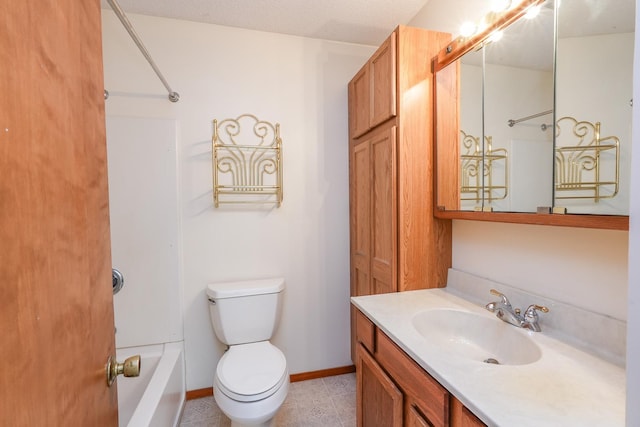 full bathroom featuring tile patterned flooring, vanity, a textured ceiling, bathtub / shower combination, and toilet