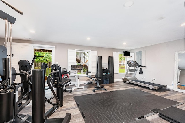 exercise room featuring light wood-type flooring