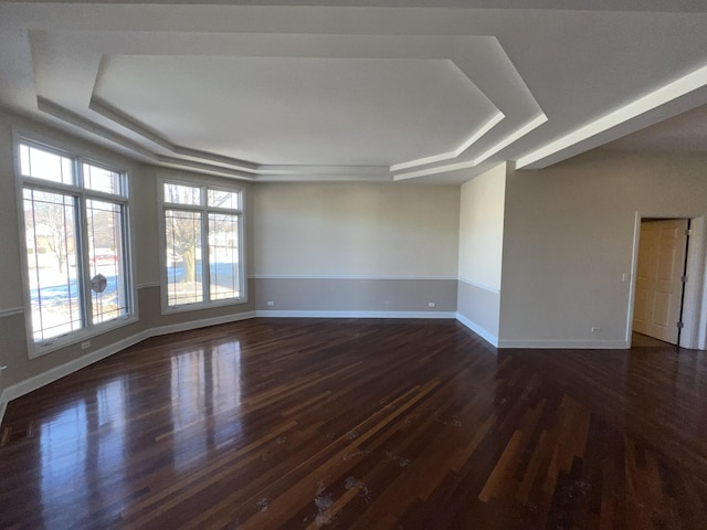 spare room featuring dark wood-type flooring and a tray ceiling