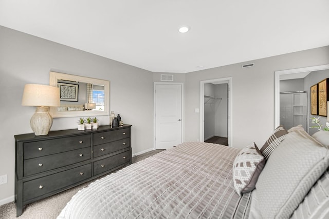 carpeted bedroom featuring a spacious closet and a closet