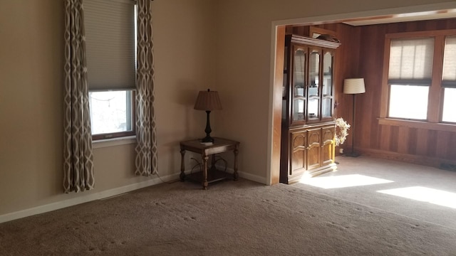 spare room featuring light colored carpet and baseboards