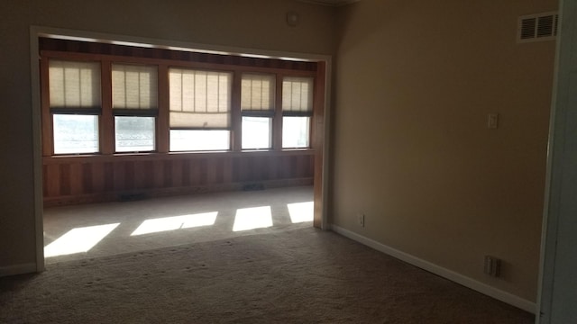 carpeted spare room with visible vents and baseboards