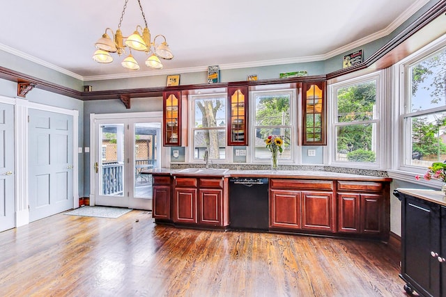 kitchen featuring black dishwasher, light countertops, dark wood-type flooring, and a sink