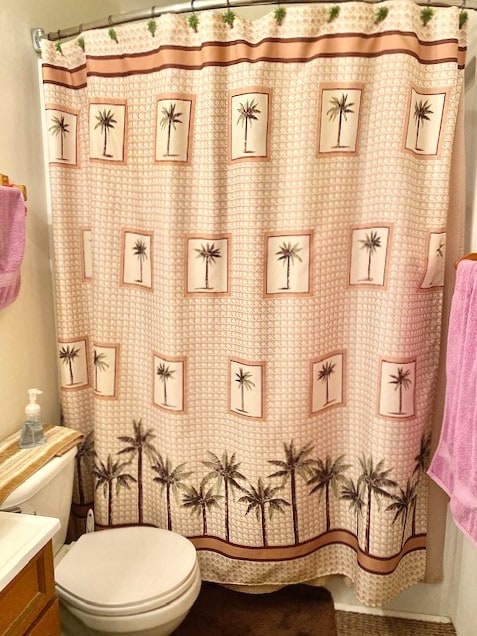 full bathroom featuring vanity, shower / bath combo with shower curtain, and toilet