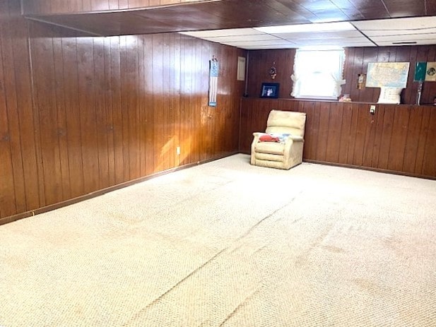 basement with carpet and wood walls