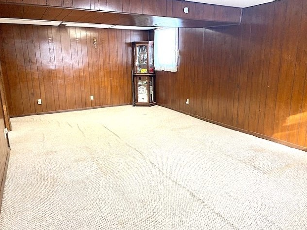 basement featuring light carpet and wood walls