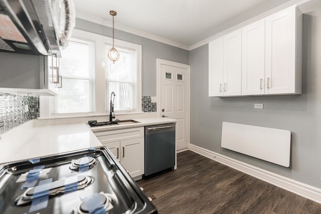 kitchen featuring range with gas stovetop, sink, white cabinets, dark hardwood / wood-style flooring, and stainless steel dishwasher