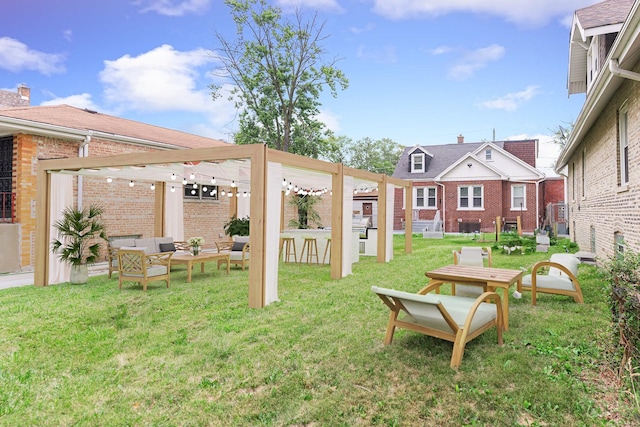 view of yard with an outdoor living space and an outdoor bar