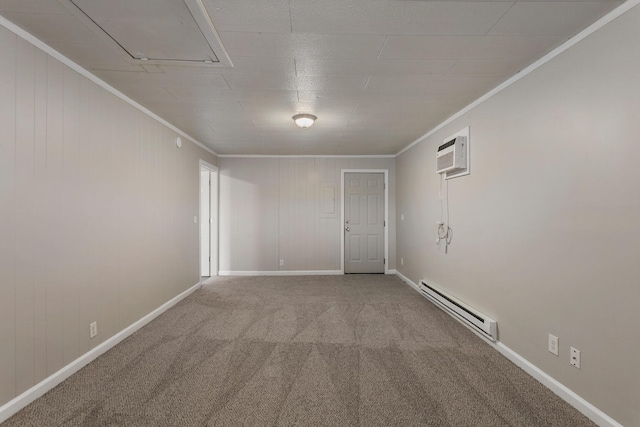 carpeted empty room with crown molding, a baseboard radiator, and a wall mounted air conditioner