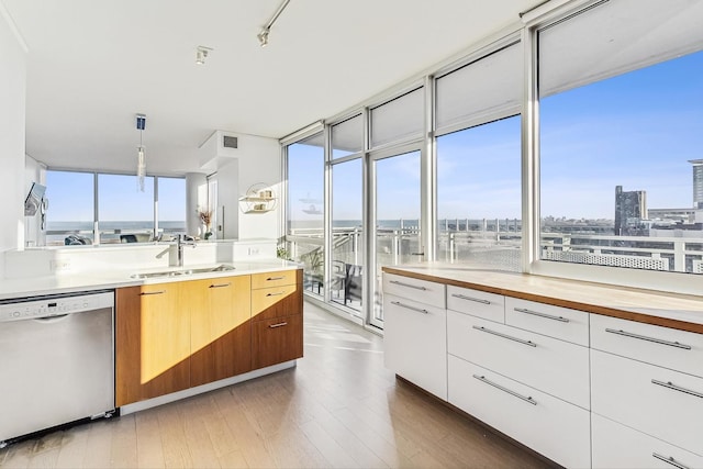 kitchen featuring sink, wood-type flooring, white cabinets, decorative light fixtures, and stainless steel dishwasher