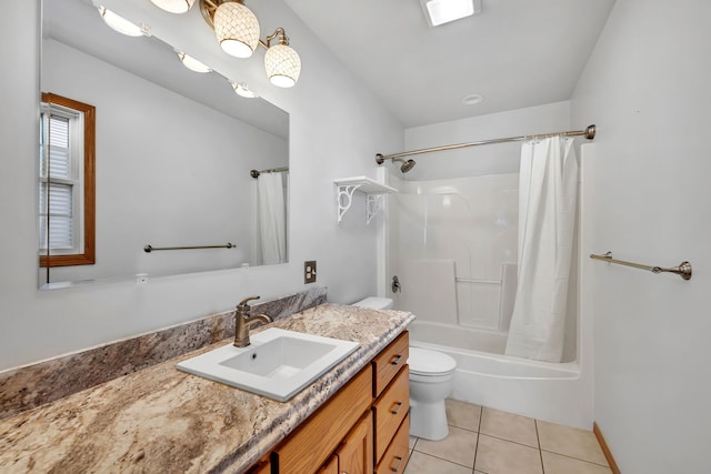 full bathroom featuring shower / tub combo, vanity, toilet, and tile patterned flooring