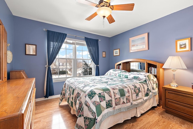 bedroom featuring ceiling fan and light wood-type flooring