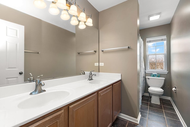 bathroom with vanity, a chandelier, and toilet