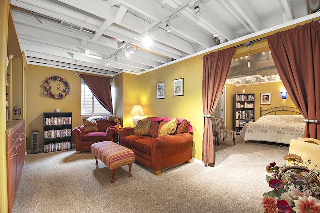 carpeted living room with rail lighting