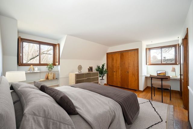 bedroom with vaulted ceiling, light hardwood / wood-style floors, and a closet