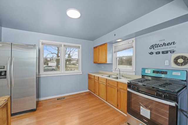 kitchen with stainless steel appliances, sink, and light hardwood / wood-style floors