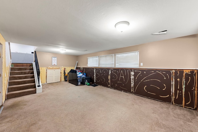 basement with a textured ceiling and carpet