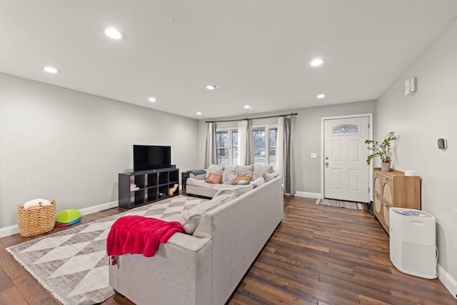 living room featuring dark wood-type flooring