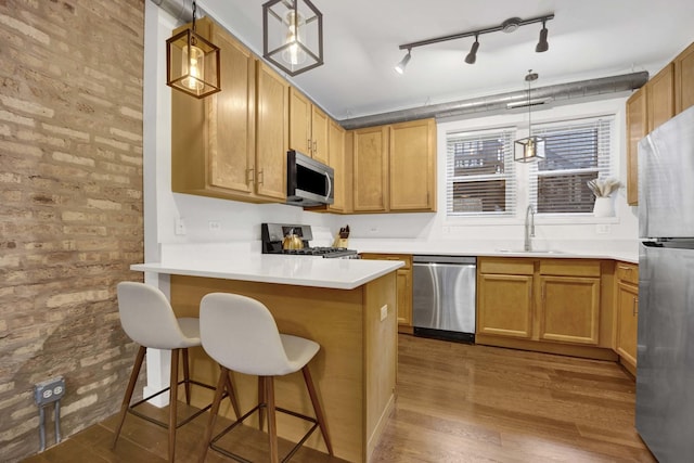 kitchen featuring sink, appliances with stainless steel finishes, hanging light fixtures, wood-type flooring, and a kitchen bar