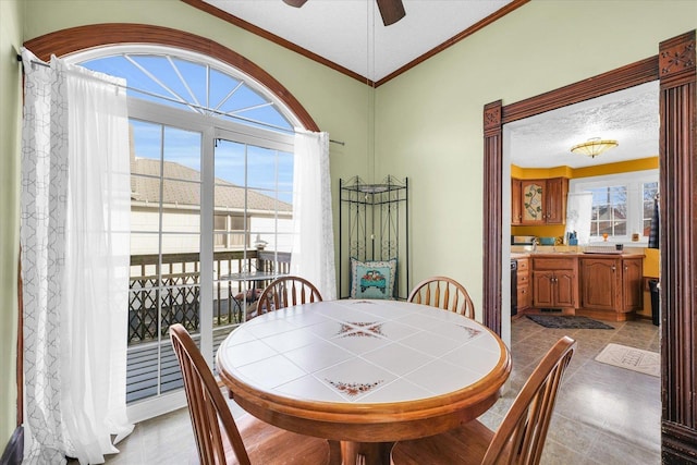 dining area with ceiling fan, ornamental molding, and a textured ceiling