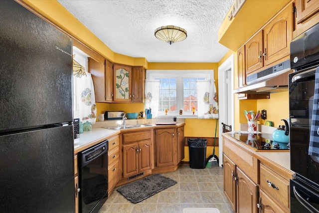 kitchen with sink, black appliances, and a textured ceiling