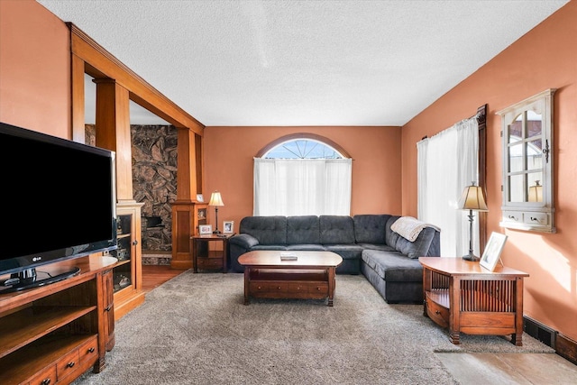 living room featuring a textured ceiling