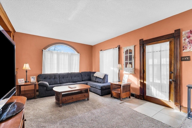 living room featuring light colored carpet and a textured ceiling