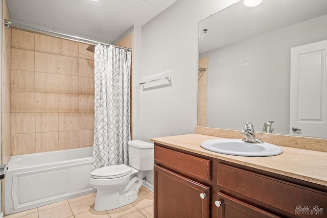 full bathroom with tile patterned flooring, vanity, toilet, and shower / tub combo with curtain