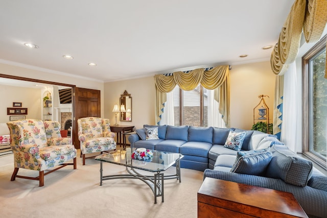 living room with light colored carpet and ornamental molding