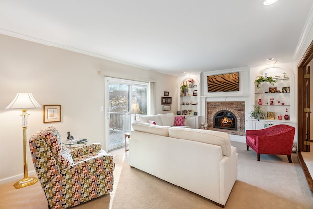 carpeted living room with crown molding, a fireplace, and built in shelves