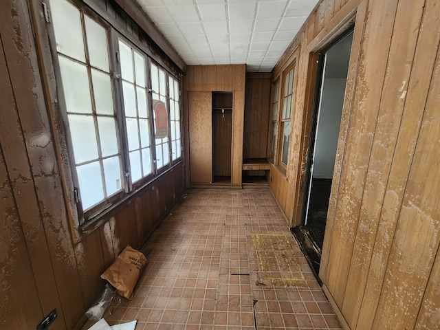 hallway featuring a healthy amount of sunlight and wooden walls