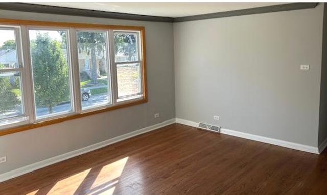 spare room with ornamental molding, plenty of natural light, and dark hardwood / wood-style flooring